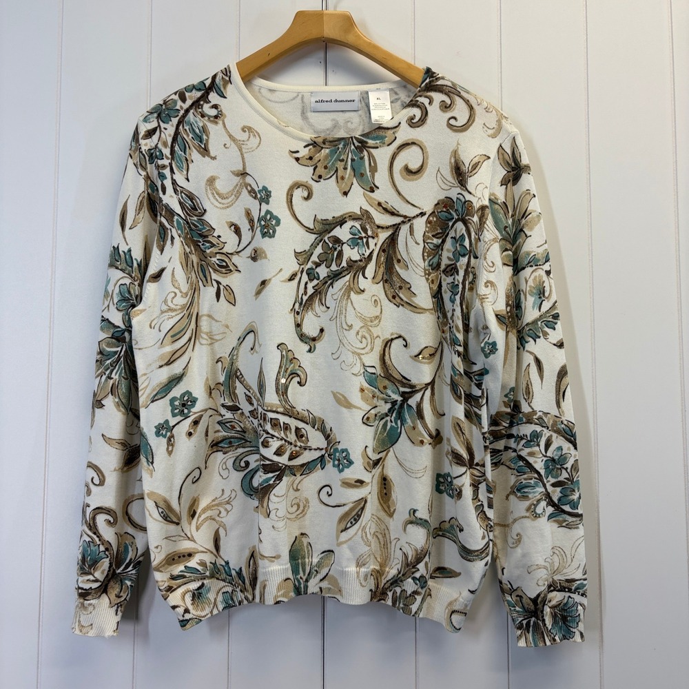 Vintage Alfred Dunner Old Money Floral Sequin Sweater Women Size XL Grannycore
